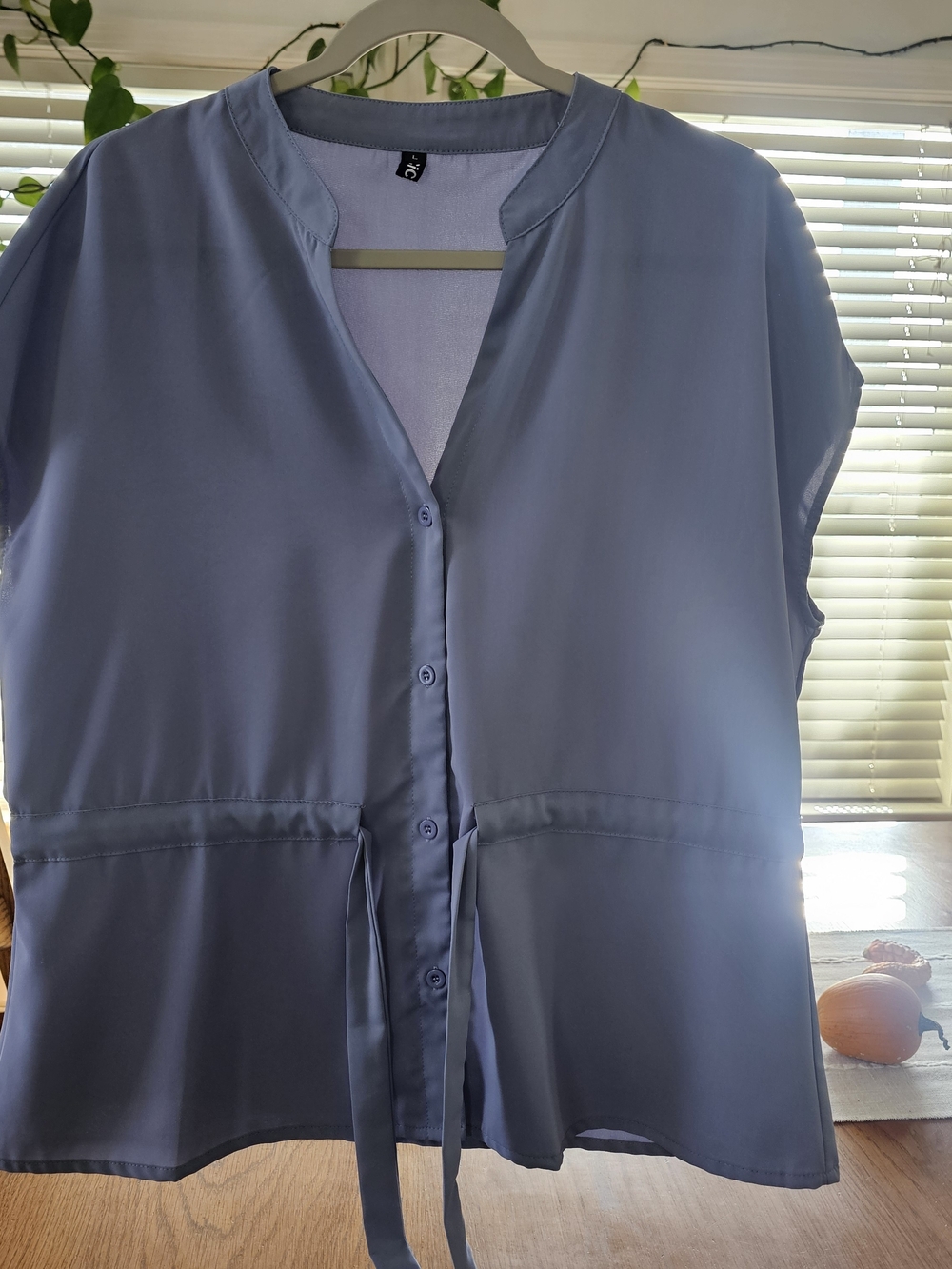 Light Blue Button-Front Cap Sleeve Top with Tie Waist